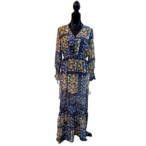 La Bellum Hillary Scott Boho Tiered Patchwork Sheer Navy Floral Maxi Dress Small